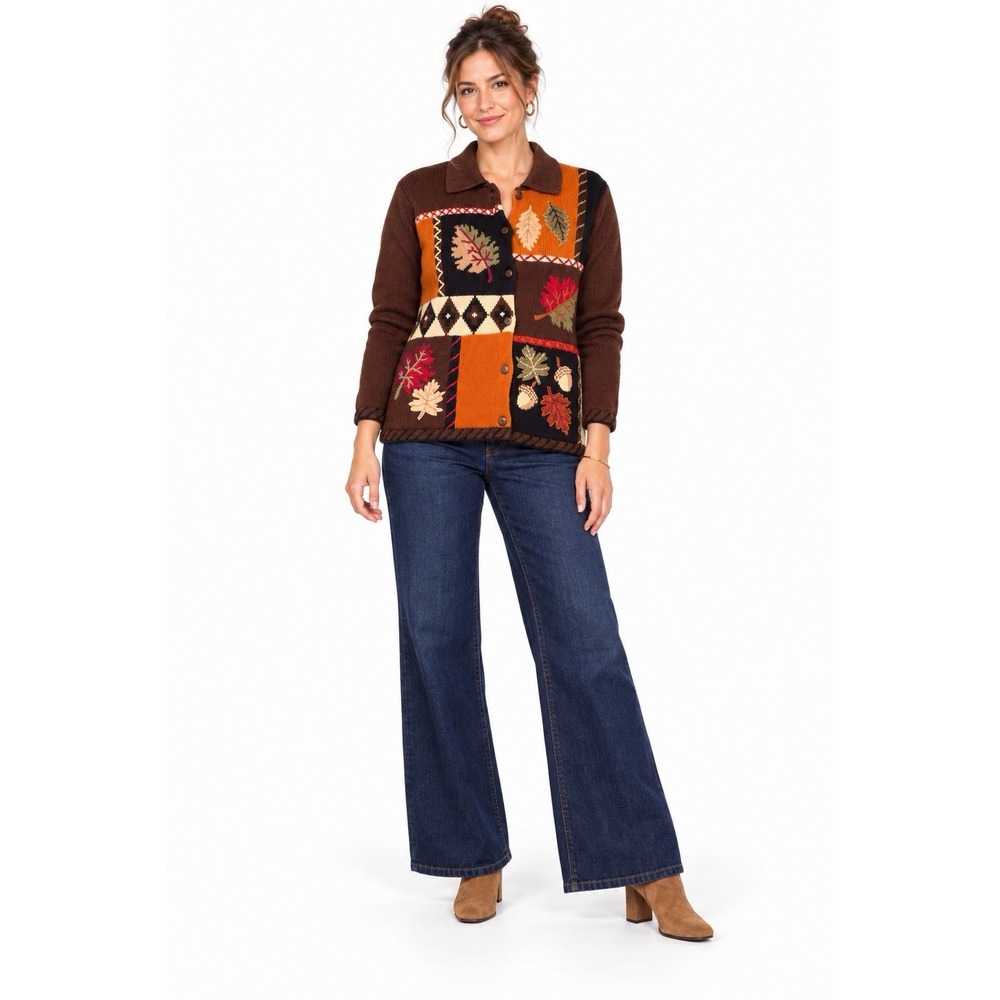 Vtg Fall Leaf Cardigan Med Patchwork Embroidered Acorn Classic Elements Sweater